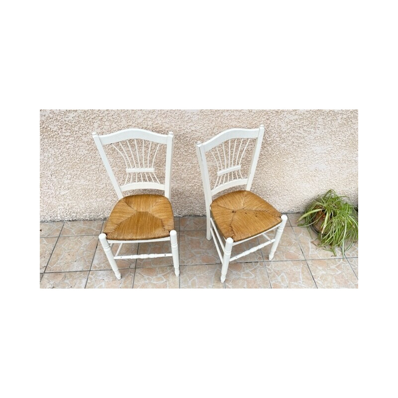 Pair of vintage white straw chairs, 1980
