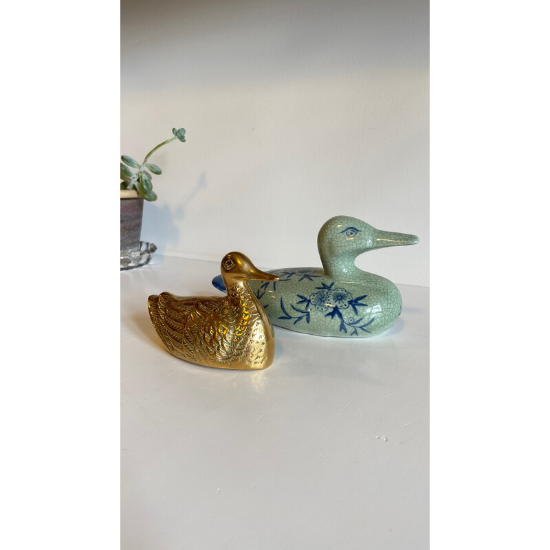 Pato vintage em latão e cerâmica