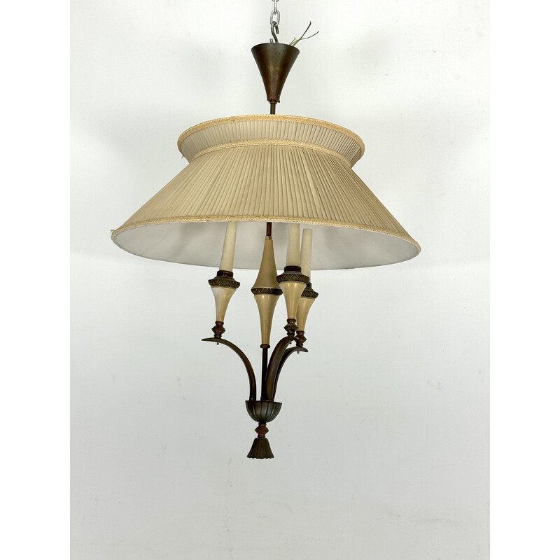 Vintage brass chandelier with fabric shade, Italy 1950