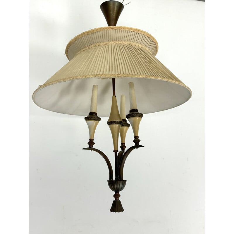 Vintage brass chandelier with fabric shade, Italy 1950