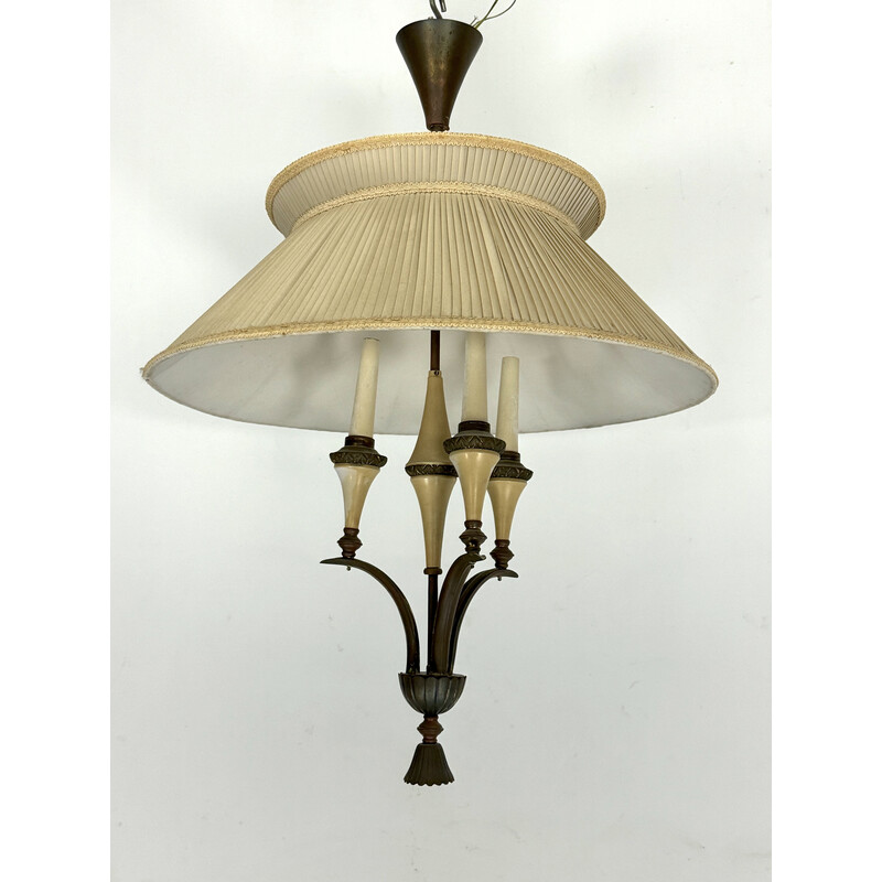 Vintage brass chandelier with fabric shade, Italy 1950