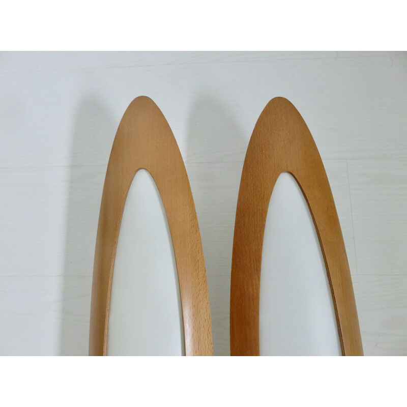 Pair of vintage wall lamp in curved light wood, France 1980