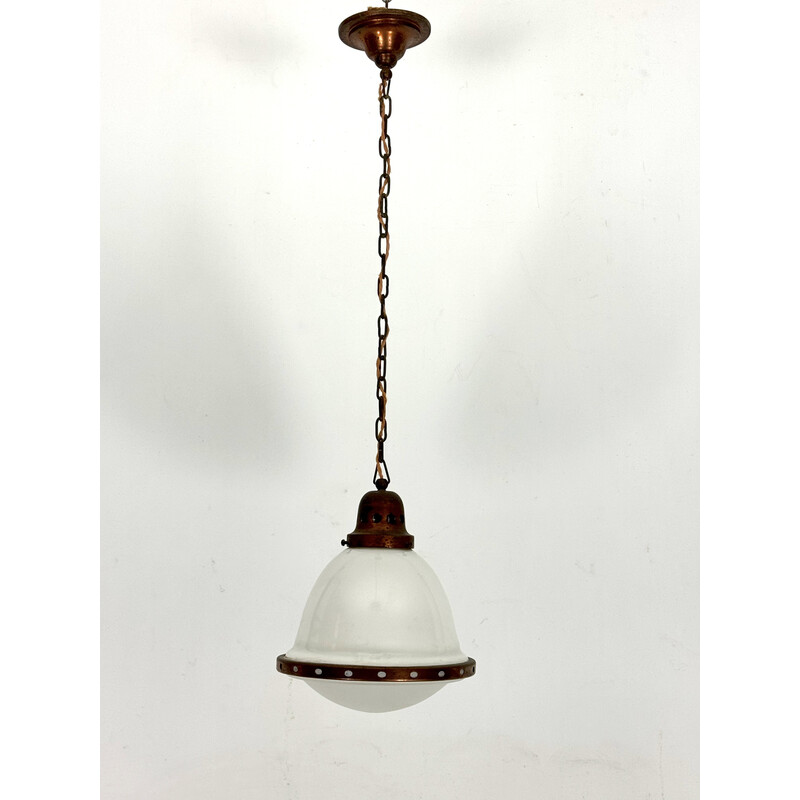 Vintage industrial chandelier in copper and milk glass, Italy 1950