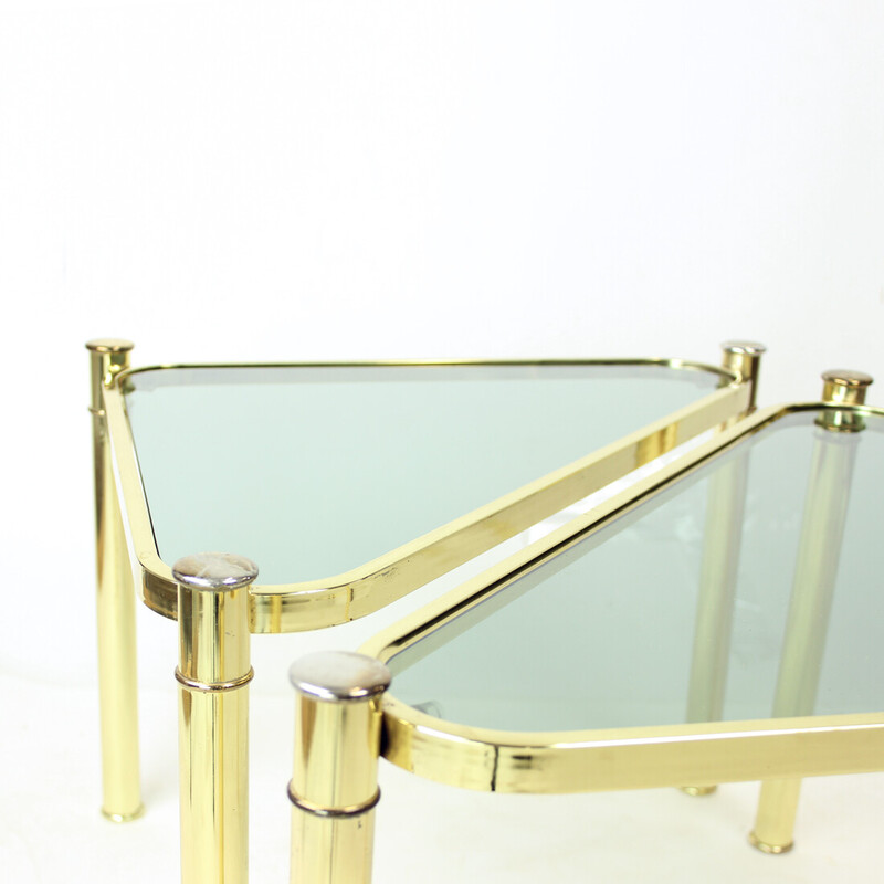 Pair of vintage triangular brass and glass side tables, Czechoslovakia 1970
