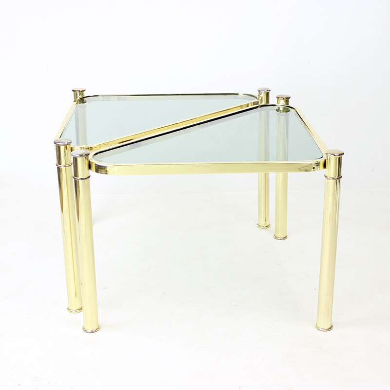 Pair of vintage triangular brass and glass side tables, Czechoslovakia 1970