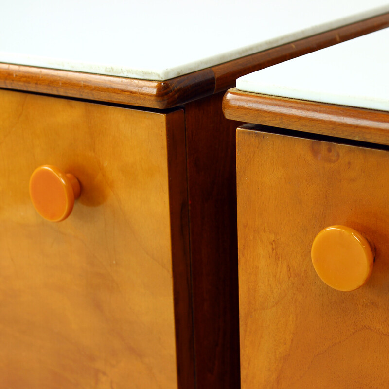 Pair of bedside tables in walnut and white glass, Czechoslovakia 1960