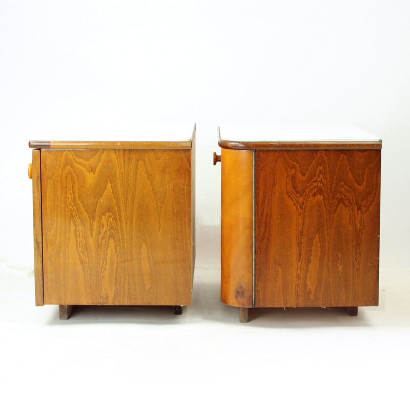 Pair of bedside tables in walnut and white glass, Czechoslovakia 1960