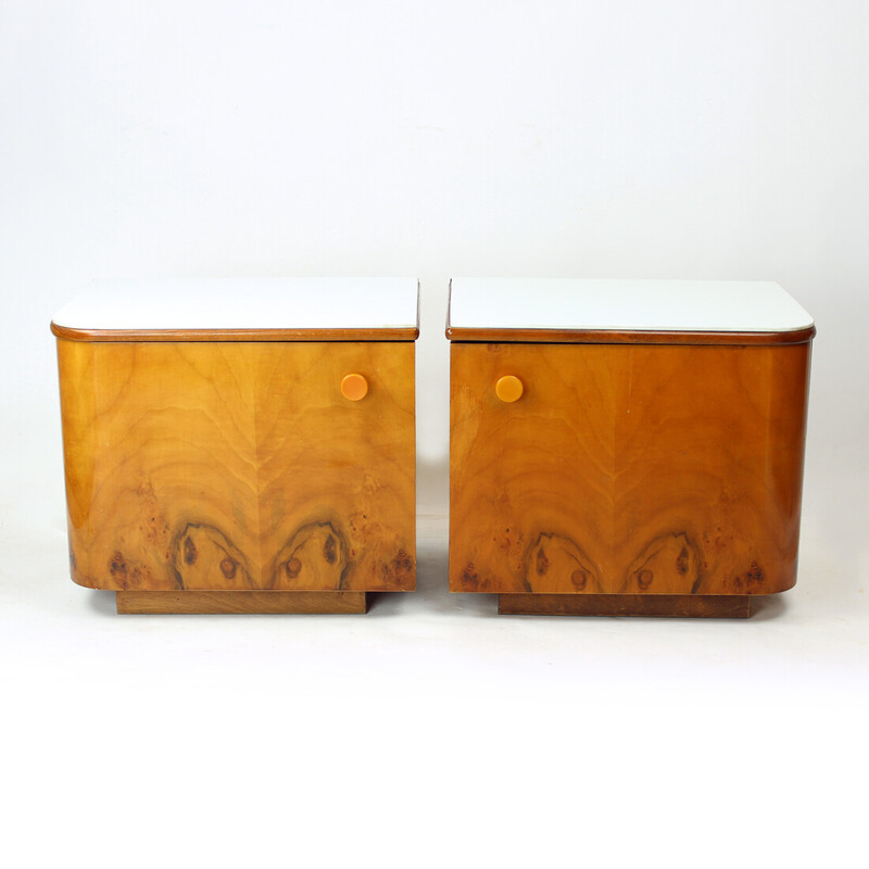 Pair of bedside tables in walnut and white glass, Czechoslovakia 1960