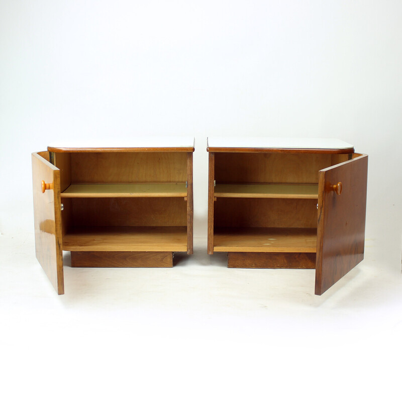 Pair of bedside tables in walnut and white glass, Czechoslovakia 1960