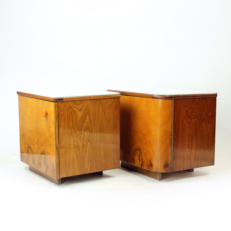 Pair of bedside tables in walnut and white glass, Czechoslovakia 1960