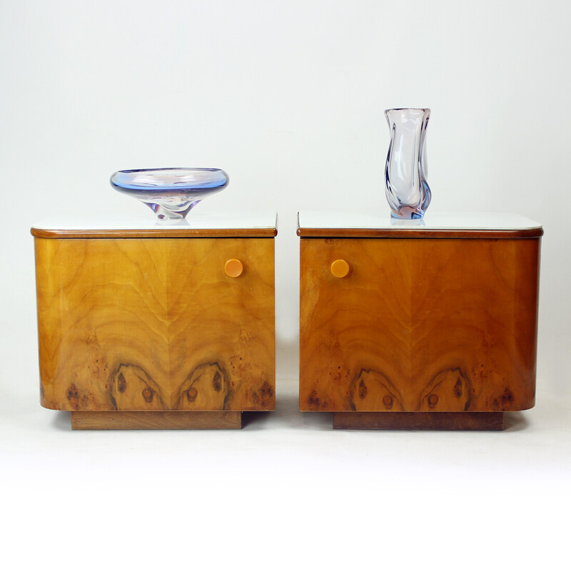 Pair of bedside tables in walnut and white glass, Czechoslovakia 1960