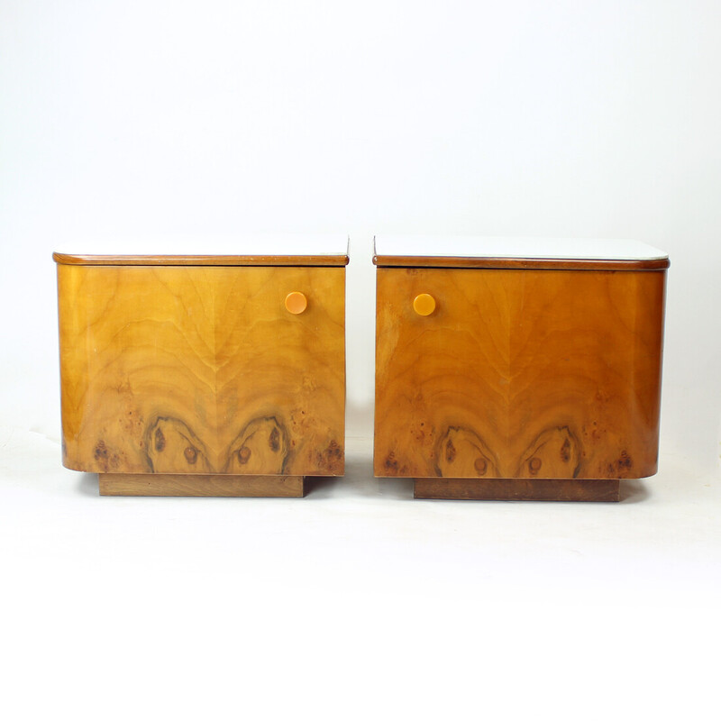 Pair of bedside tables in walnut and white glass, Czechoslovakia 1960