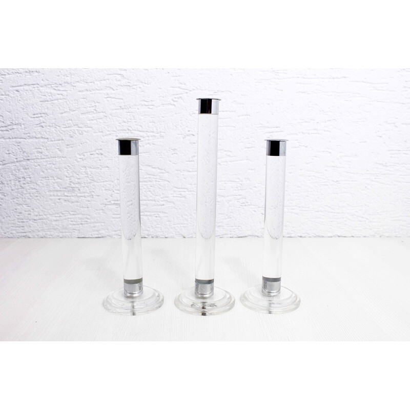 Set of 3 vintage candlesticks in plexiglass and chrome metal Estrid Ericson for Svenskt Tenn Stockholm, Sweden 1990