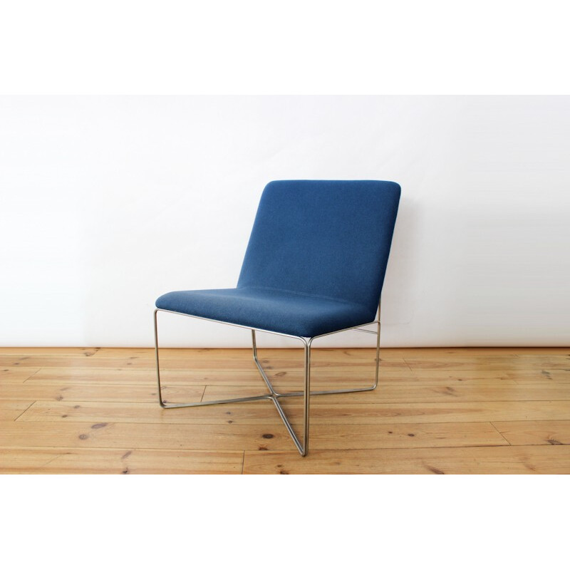 Blue Danish low chair in steel and wool - 1960s