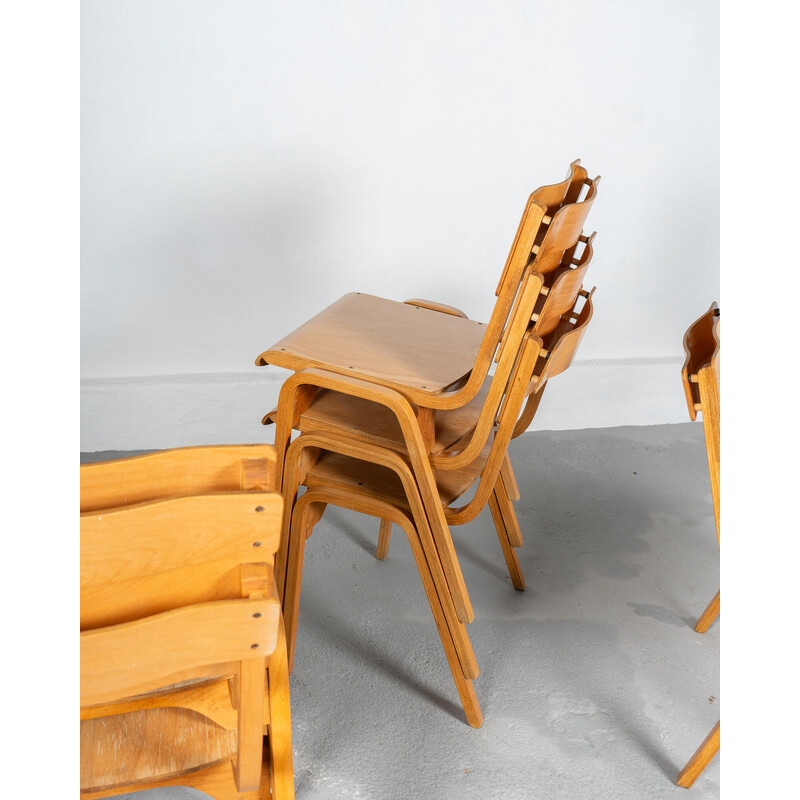 Set of 6 vintage wooden school chairs by Stafford for Tecta, UK 1950