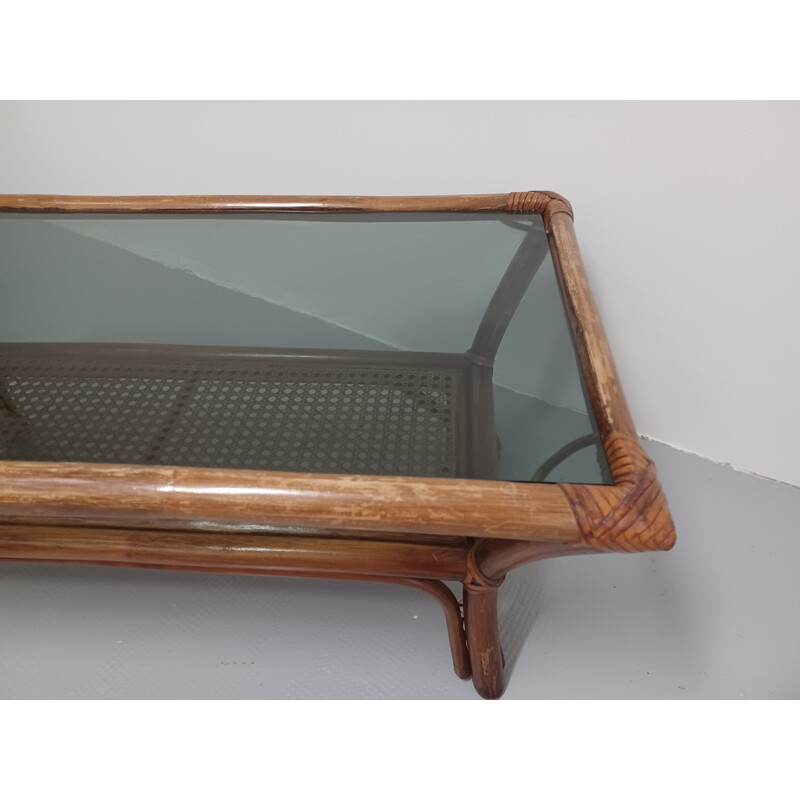 Vintage rattan and smoked glass coffee table