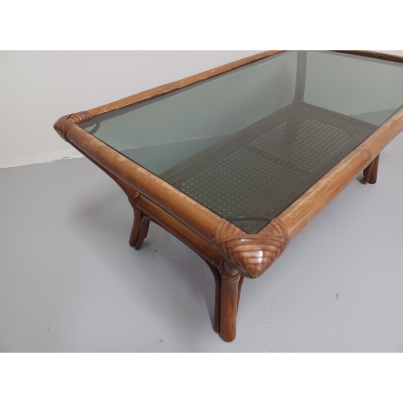 Vintage rattan and smoked glass coffee table