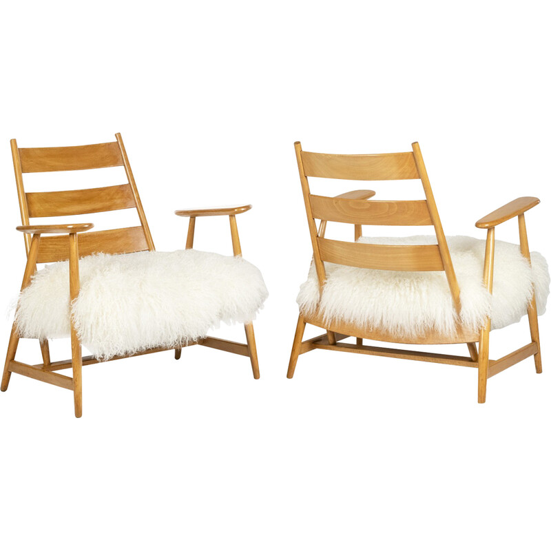 Pair of vintage armchairs in blond beech and Tibetan goatskin, France 1950