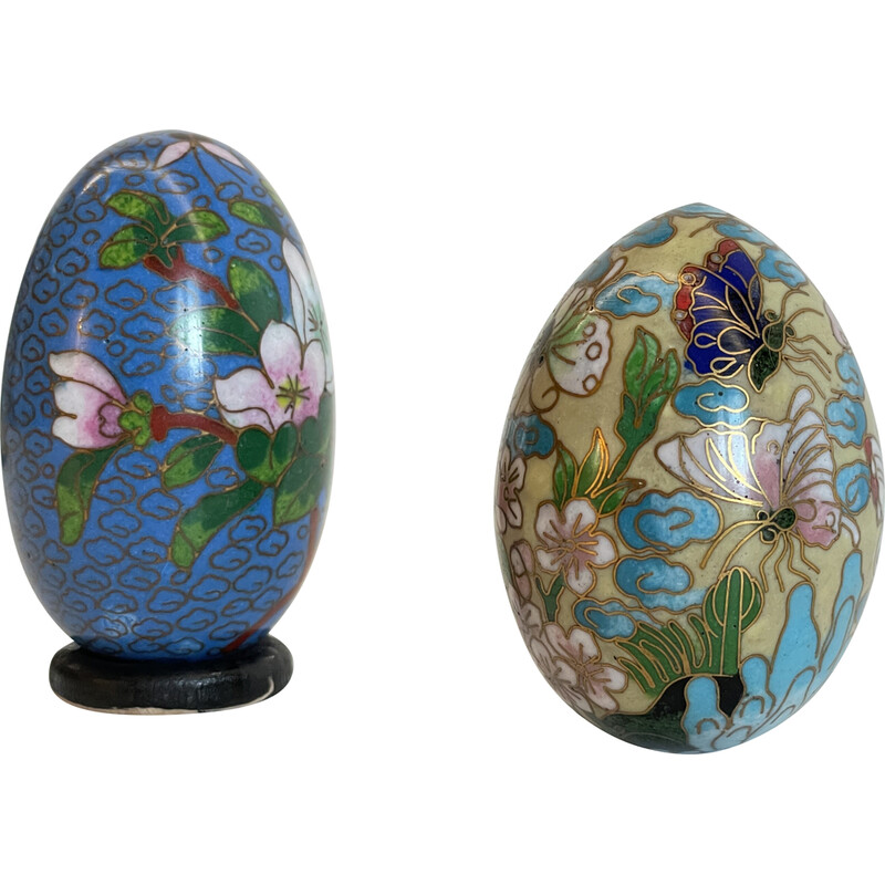 Pair of vintage enameled cloisonné eggs in brass with floral theme