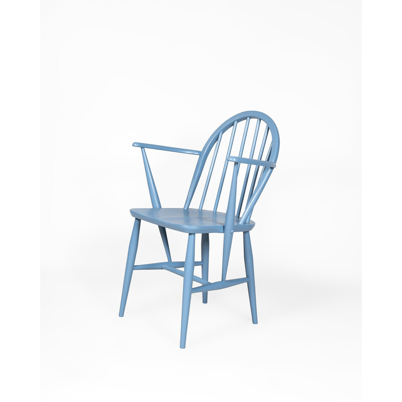 Vintage blue Windsor chair in wood and beech by Lucian Ercolani for Ercol