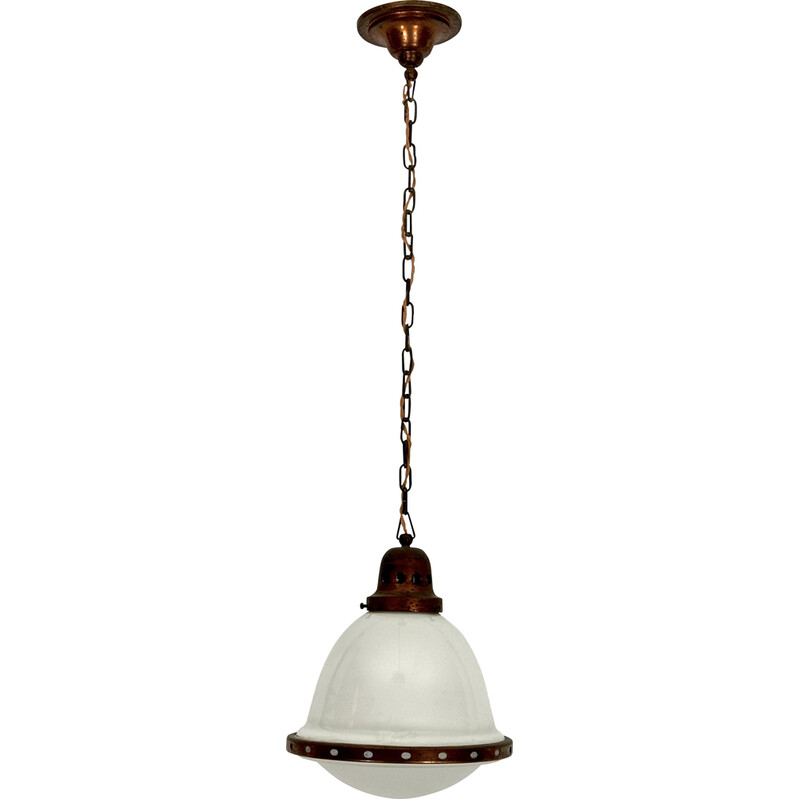 Vintage industrial chandelier in copper and milk glass, Italy 1950