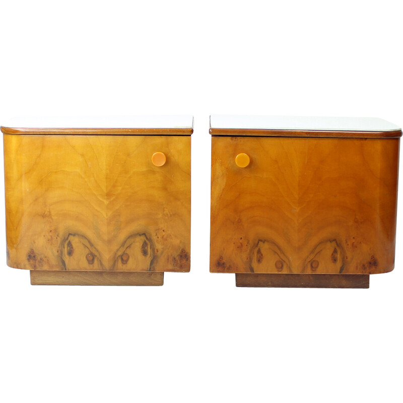 Pair of bedside tables in walnut and white glass, Czechoslovakia 1960