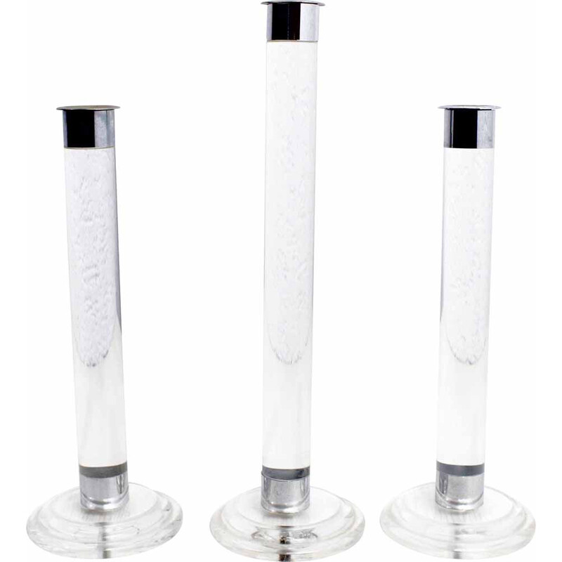 Set of 3 vintage candlesticks in plexiglass and chrome metal Estrid Ericson for Svenskt Tenn Stockholm, Sweden 1990