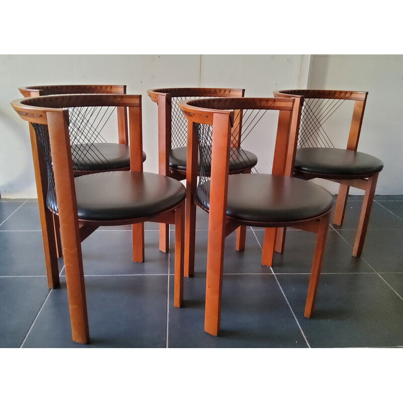 Set of 5 vintage wood and leather chairs by Niels Jorgen Haugesen String for Tranekaer, Denmark 1980