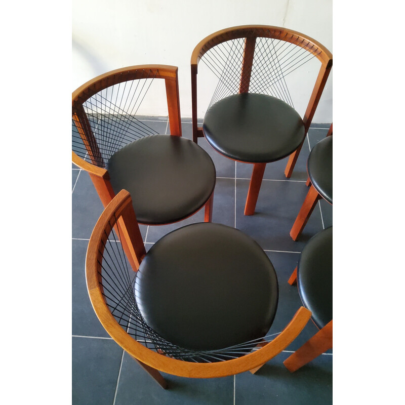 Lot de 5 chaises vintage en bois et cuir de Niels Jorgen Haugesen String pour Tranekaer, Danemark 1980