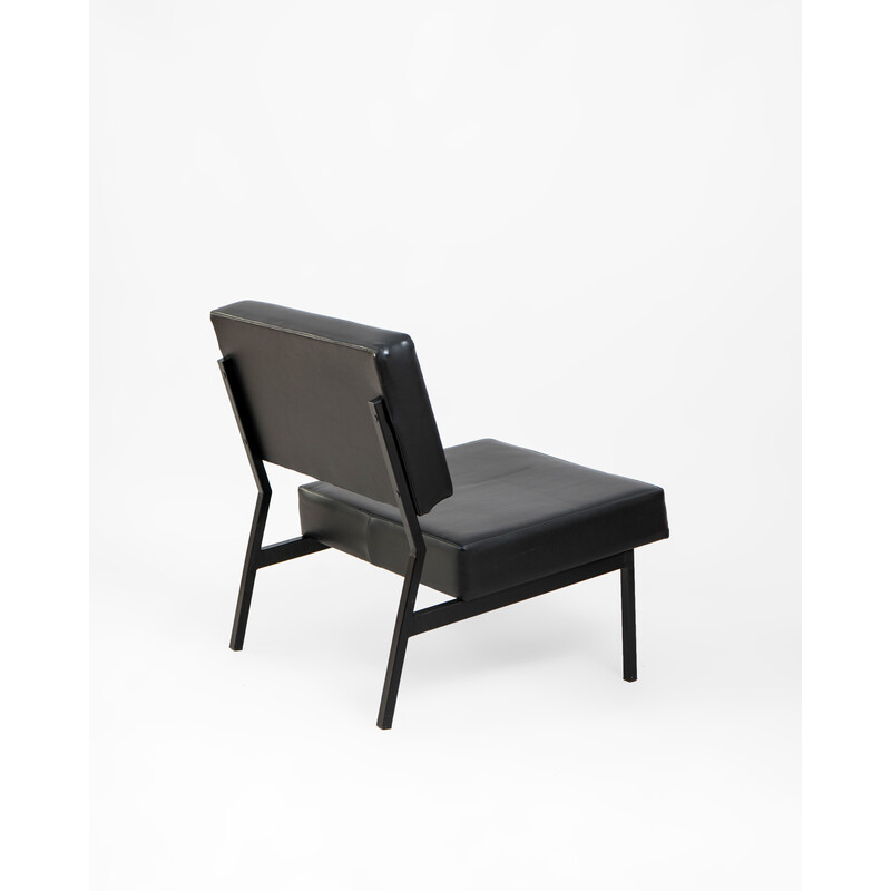 Vintage fauteuil in gelakt metaal en zwart kunstleer, 1960