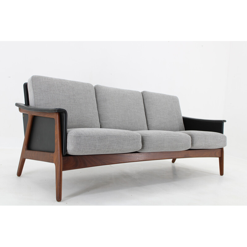 Vintage 3-seater sofa in teak and black faux leather, Denmark 1960