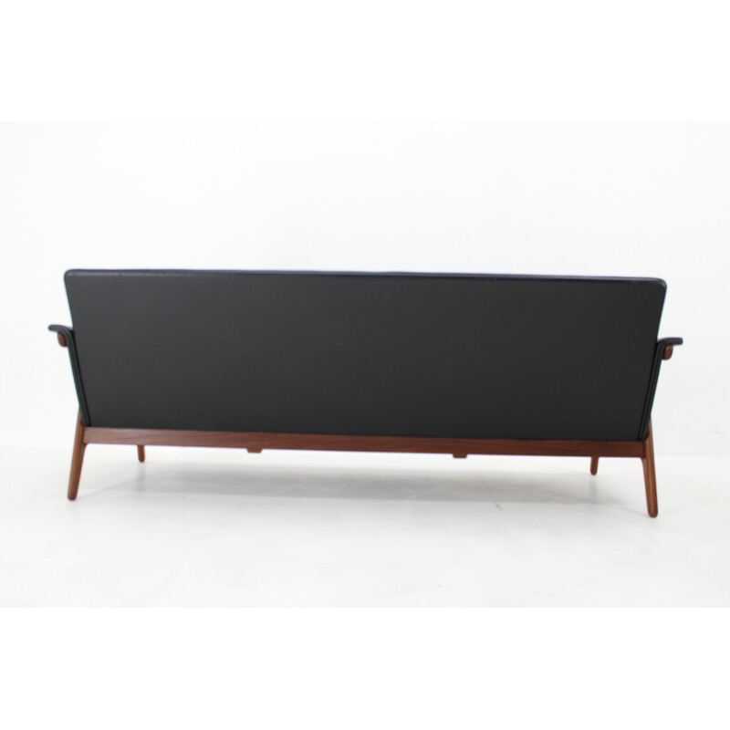 Vintage 3-seater sofa in teak and black faux leather, Denmark 1960