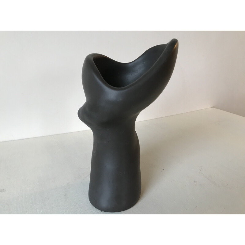 Vase vintage de forme libre en céramique noire par Louis Giraud pour Vallauris, 1960