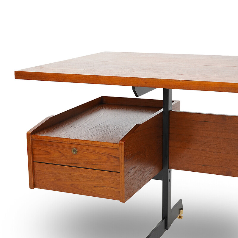 Vintage teak and metal desk with 2 drawers, 1960