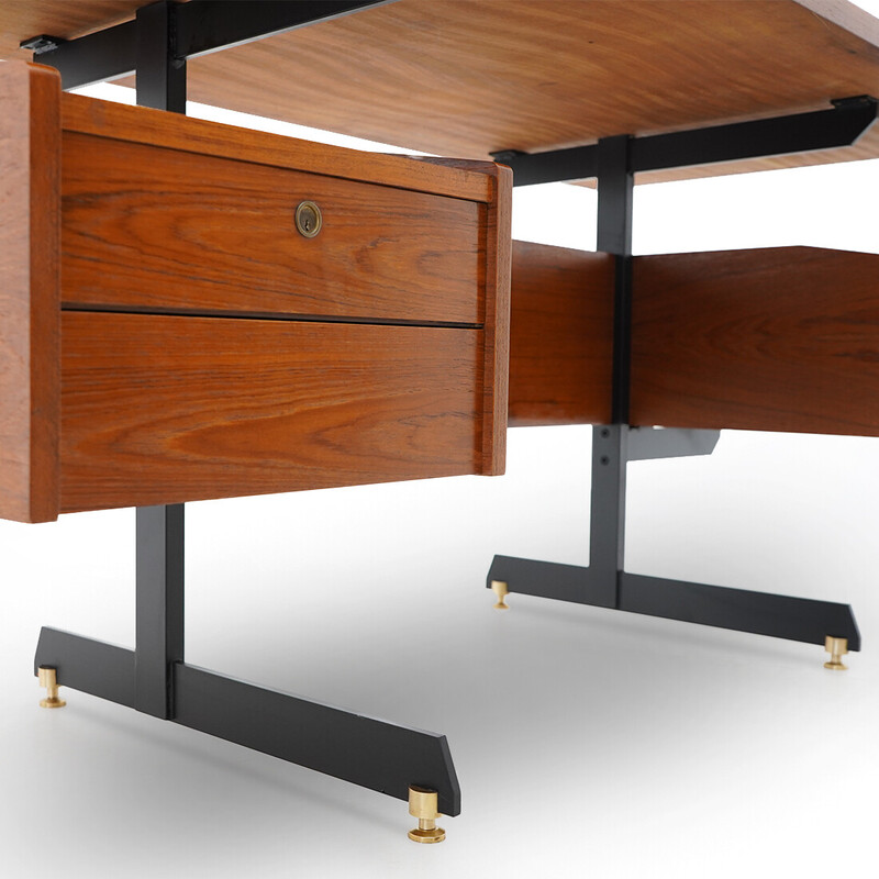 Vintage teak and metal desk with 2 drawers, 1960