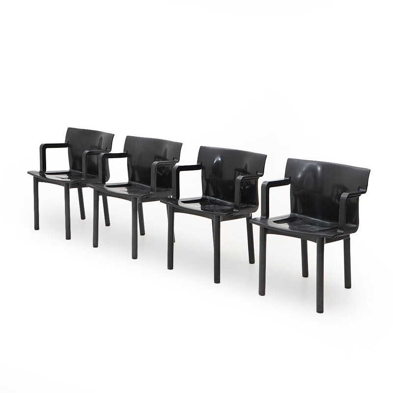 Set of 4 vintage chairs model “4870” in molded black plastic by Anna Castelli for Kartell, Italy 1980