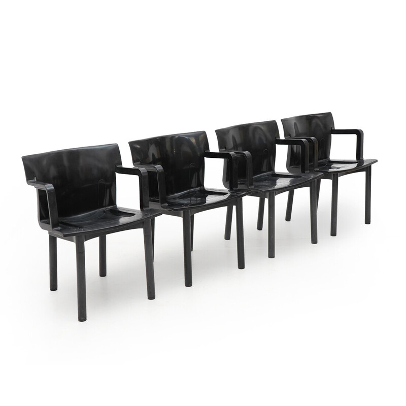 Set of 4 vintage chairs model “4870” in molded black plastic by Anna Castelli for Kartell, Italy 1980