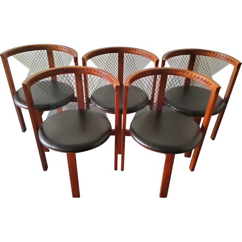 Lot de 5 chaises vintage en bois et cuir de Niels Jorgen Haugesen String pour Tranekaer, Danemark 1980