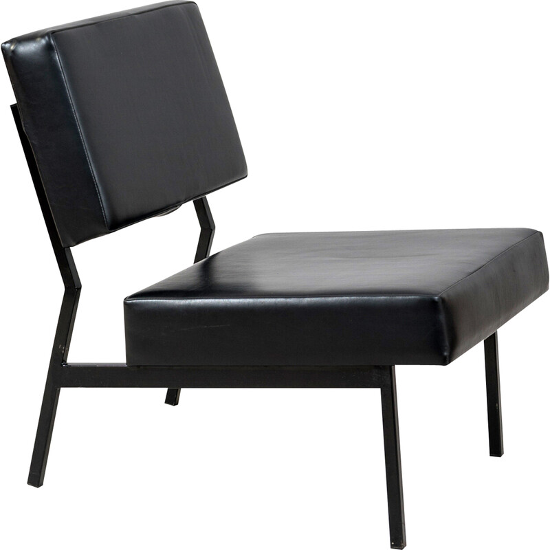 Vintage armchair in lacquered metal and black leatherette, 1960