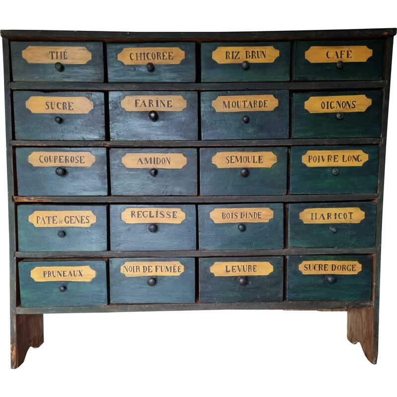 Vintage Popular Art pine grocery cabinet with 20 drawers