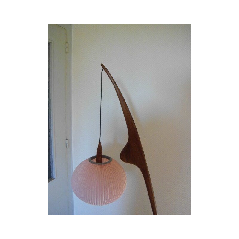 Vintage "Praying Mantis" floor lamp in teak and rhodoid shade for Rispal, France 1950