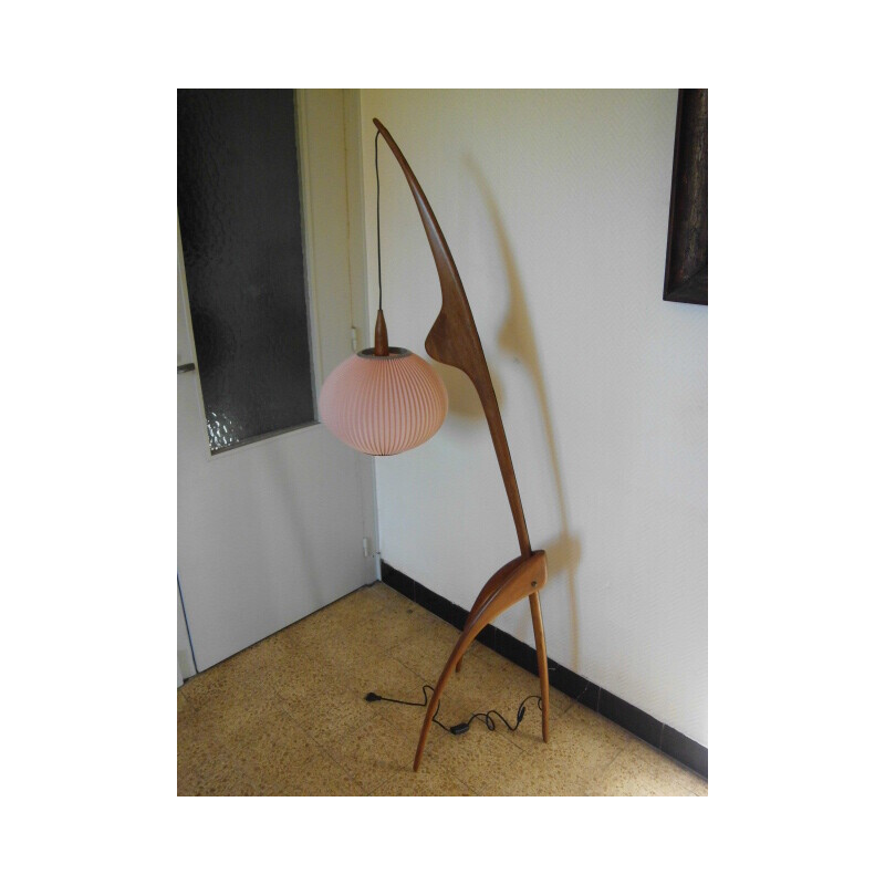 Vintage "Praying Mantis" floor lamp in teak and rhodoid shade for Rispal, France 1950