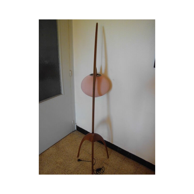 Vintage "Praying Mantis" floor lamp in teak and rhodoid shade for Rispal, France 1950