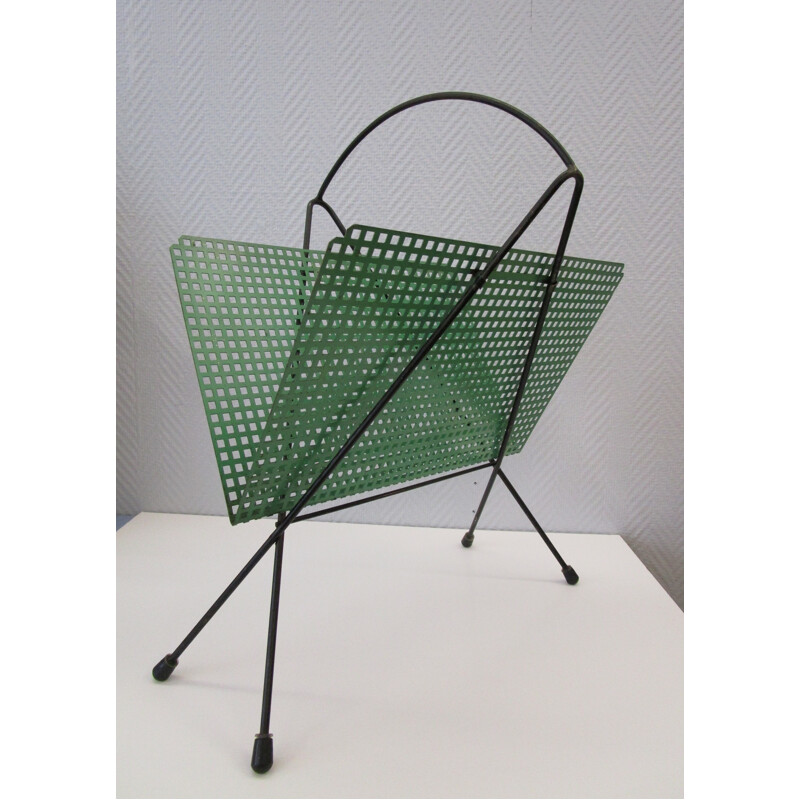 Green magazine rack in perforated sheet metal - 1950s