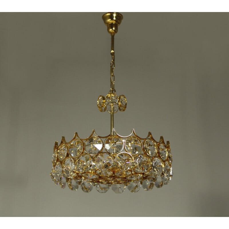 Vintage chandelier with a 24-carat gold-plated gilded brass frame by Palme et Walter for Palwa, Germany 1970