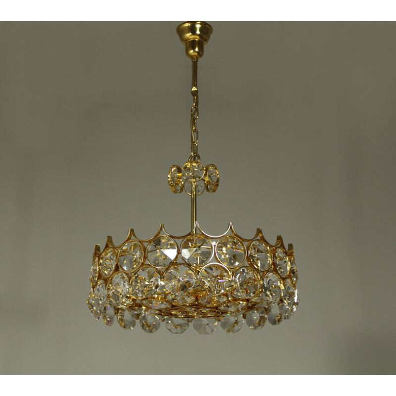 Vintage chandelier with a 24-carat gold-plated gilded brass frame by Palme et Walter for Palwa, Germany 1970