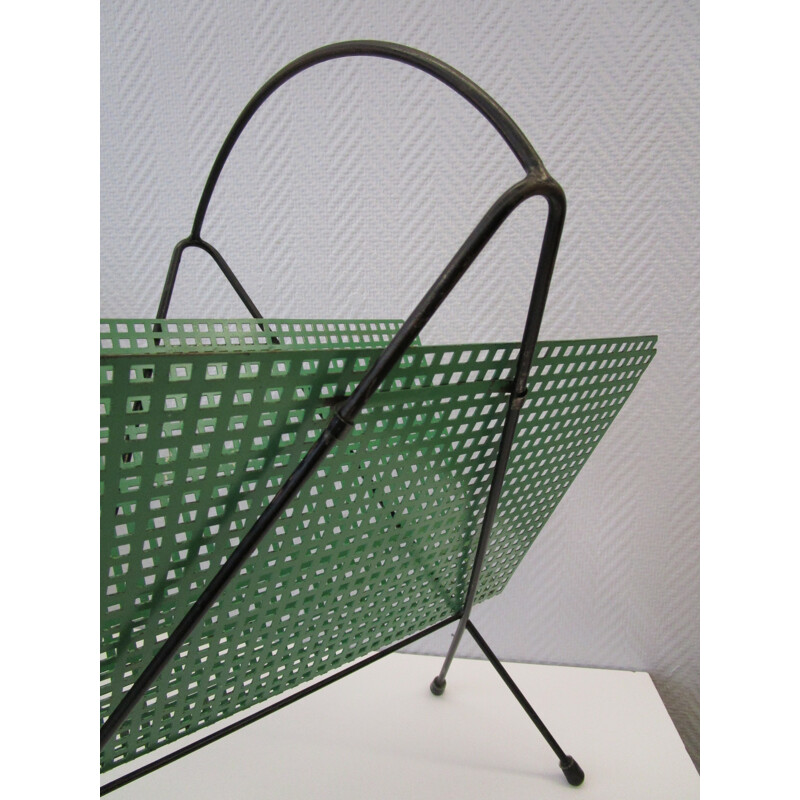 Green magazine rack in perforated sheet metal - 1950s