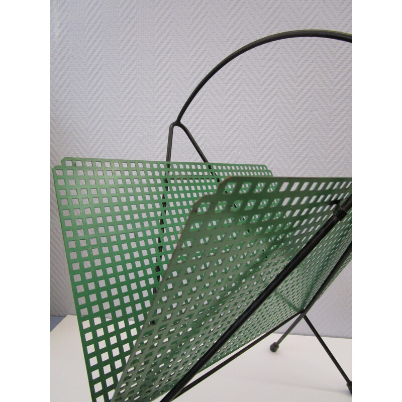 Green magazine rack in perforated sheet metal - 1950s