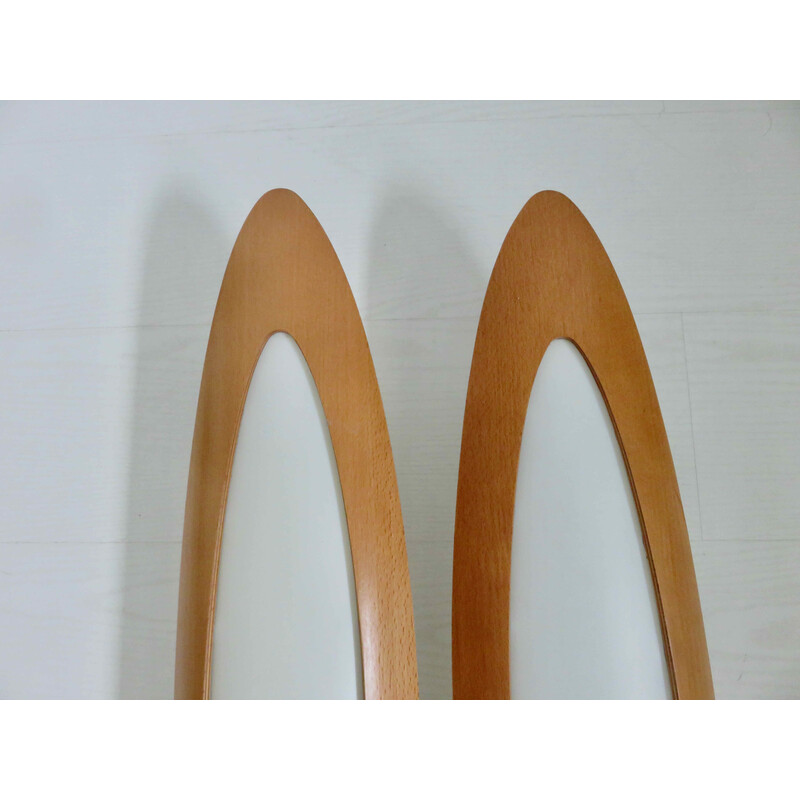 Pair of vintage wall lamp in bent beech and polycarbonate, 1980