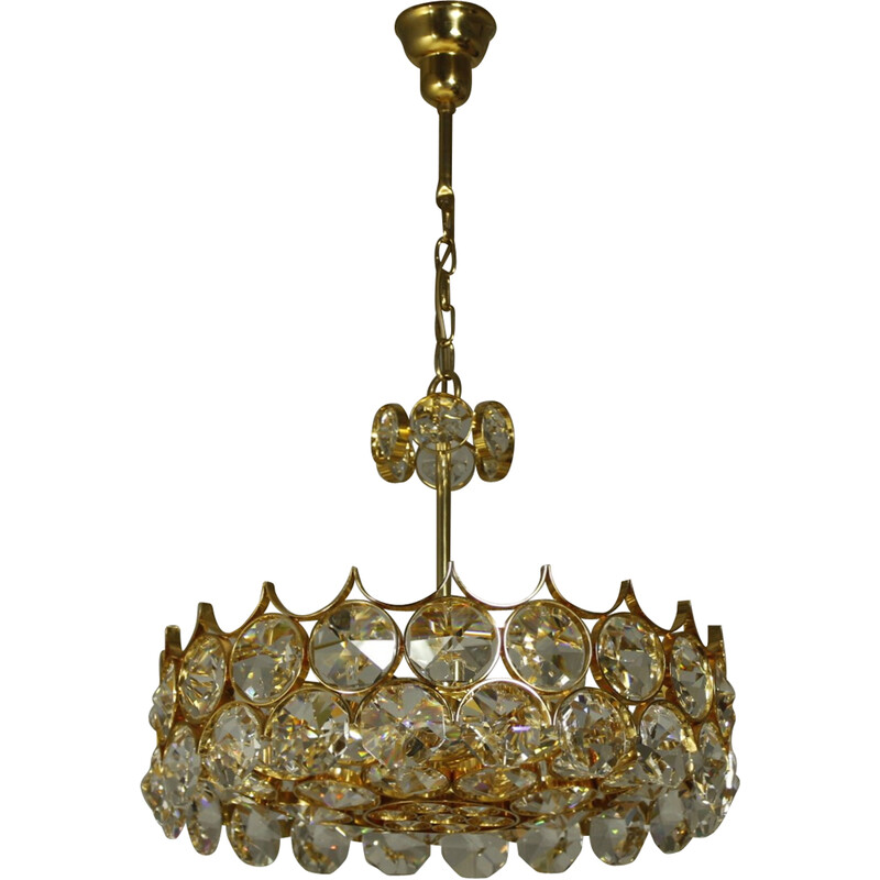 Vintage chandelier with a 24-carat gold-plated gilded brass frame by Palme et Walter for Palwa, Germany 1970